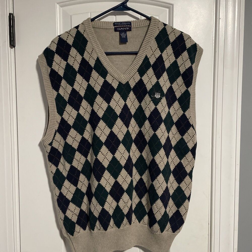 Men Gant Gray V-Neck Argyle Diamond 100%‎ Cotton Sweater Size L